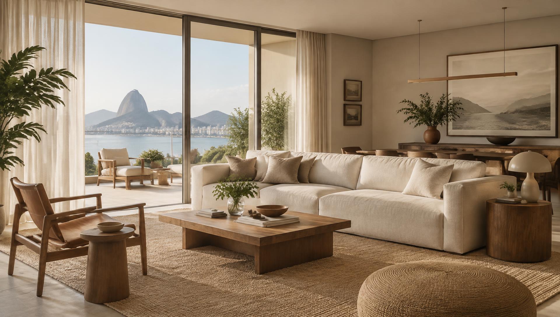Living integrado com sofá claro e vista para o mar